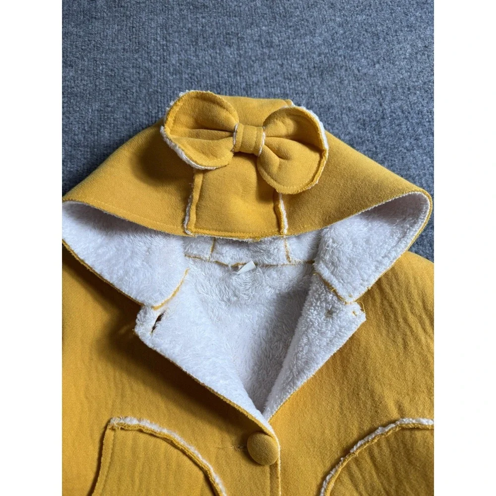 Mustard Yellow‎ Sherpa Lined Hooded Jacket Girls Peplum Coat with Bow Detail